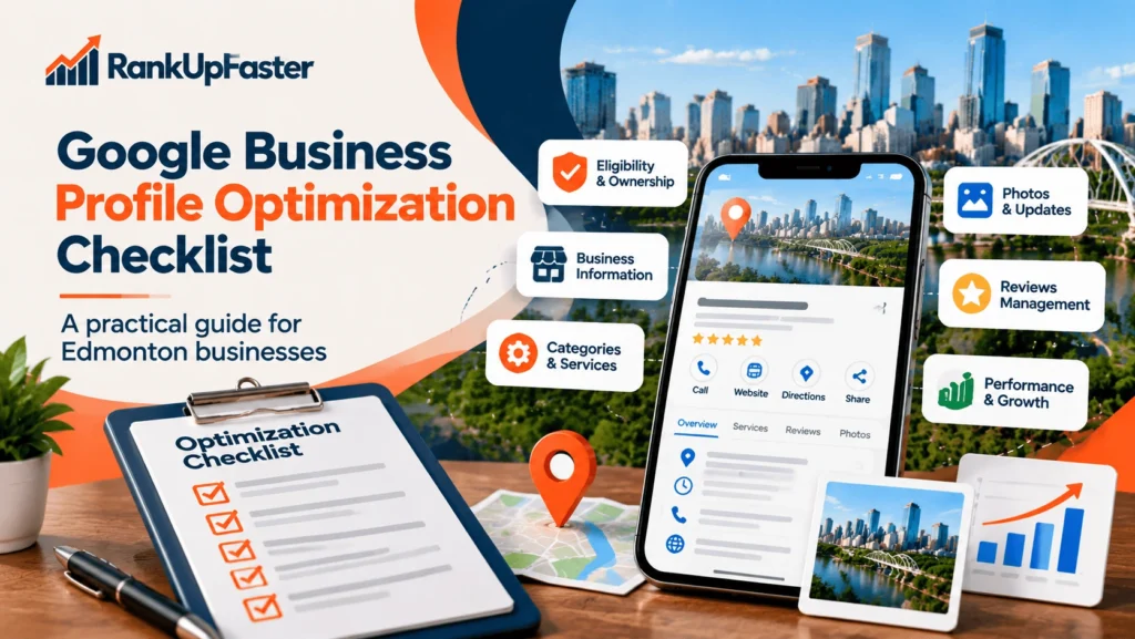 RankUpFaster Google Business Profile optimization checklist covering business information, categories, services, photos, reviews, and performance for Edmonton businesses.