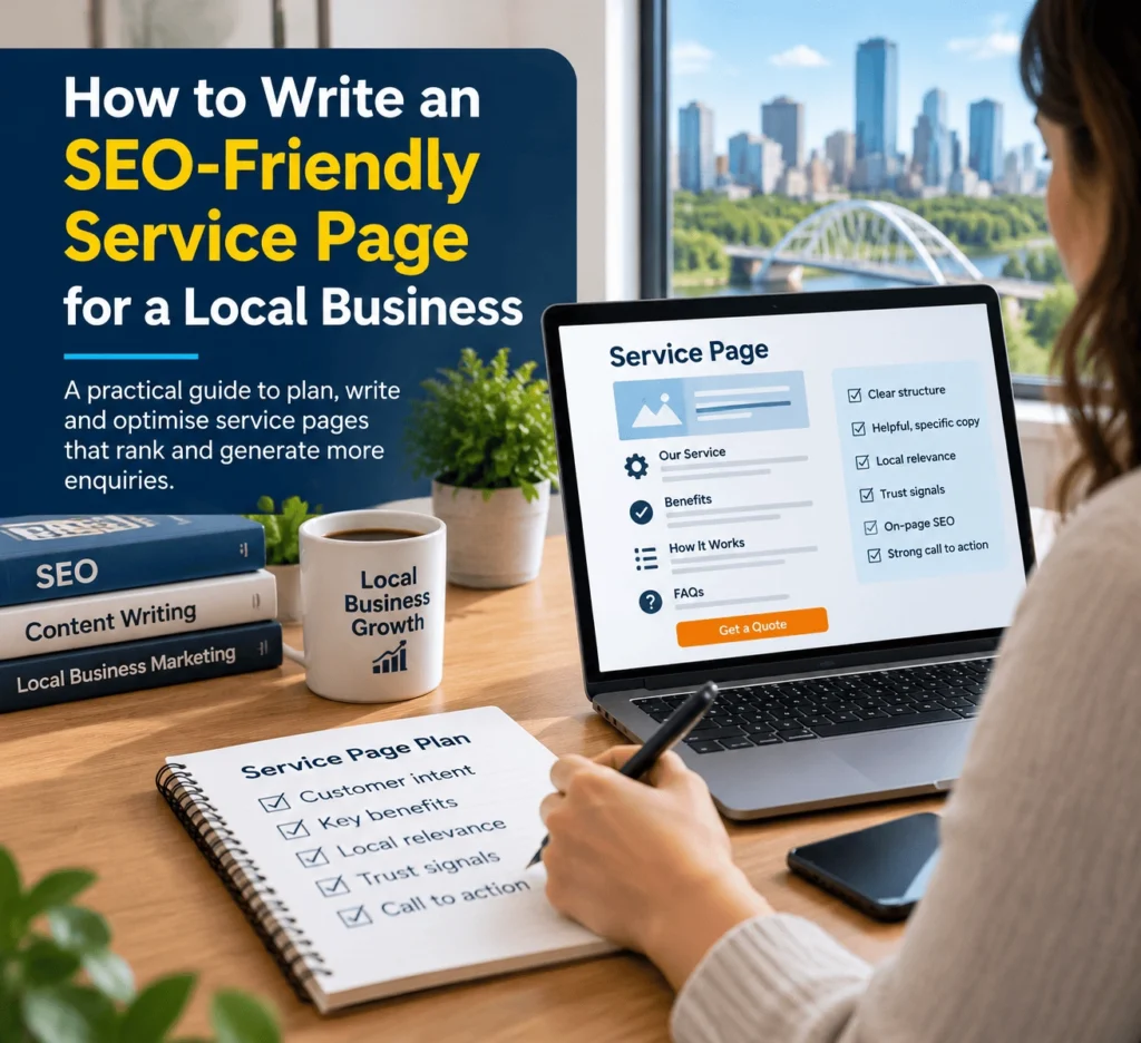 A content writer planning an SEO-friendly service page for a local business.