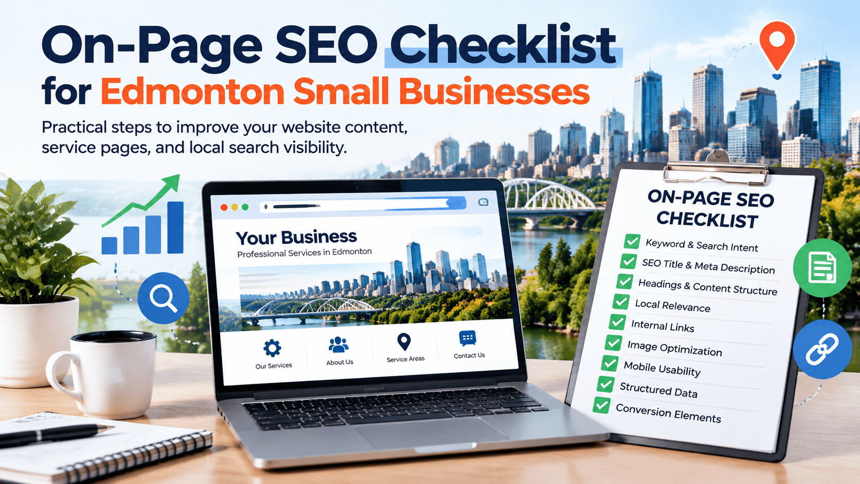 On-page SEO checklist for Edmonton small businesses covering keywords, titles, headings, local relevance, internal links, and mobile usability.