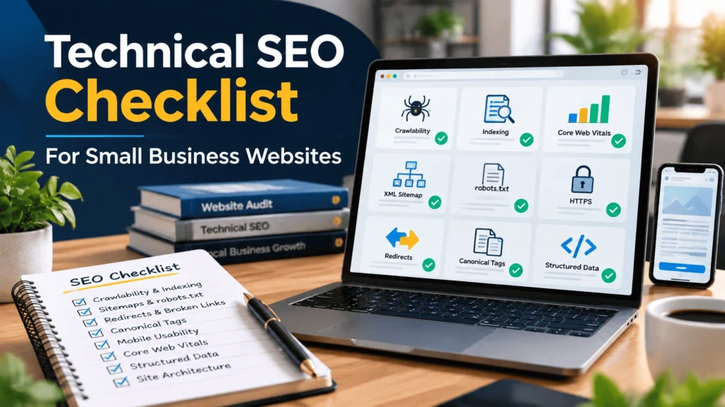 Technical SEO checklist covering indexing, sitemaps, website speed, internal links, and HTTPS.
