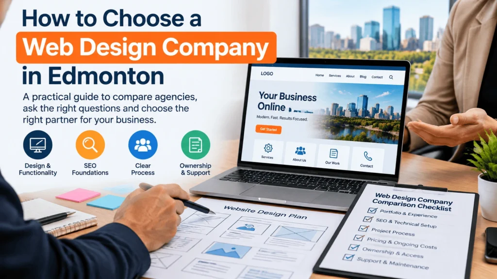 Business owners reviewing website mockups and a website design company comparison checklist.