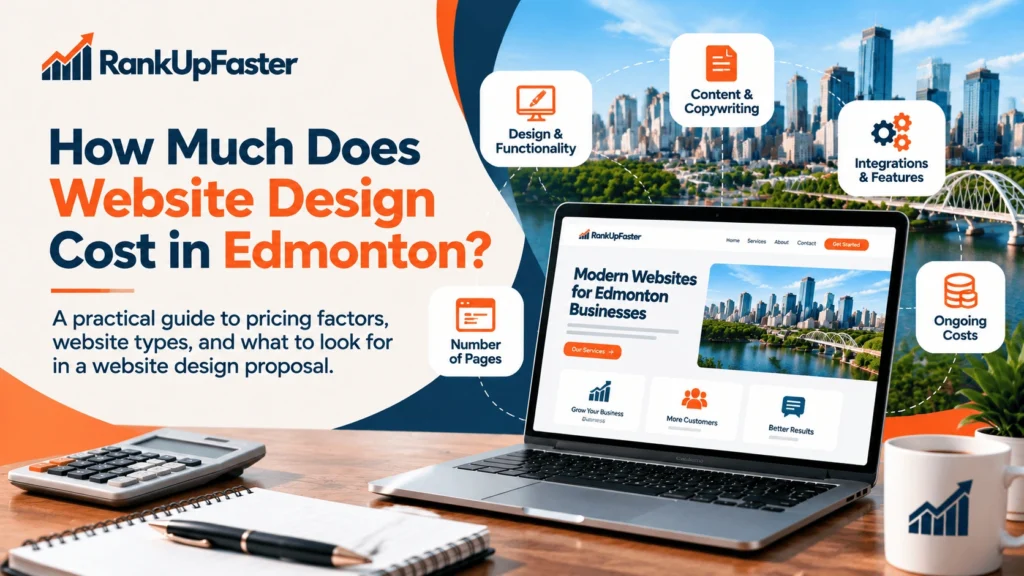 Website design cost in Edmonton workspace with desktop and mobile website mockups, wireframes, and planning tools.