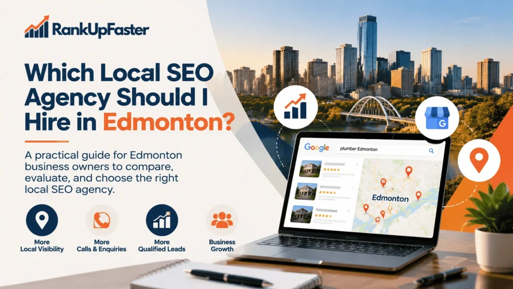 RankUpFaster guide to choosing a local SEO agency in Edmonton, featuring local search results, Google Business Profile listings, and map rankings.