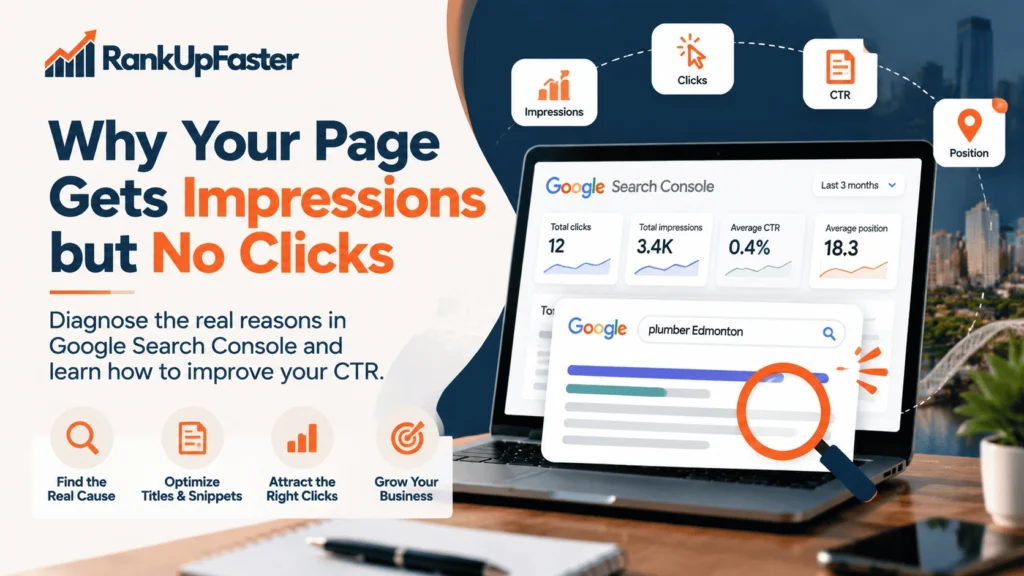 RankUpFaster SEO guide illustrating Google Search Console impressions, clicks, click-through rate, and search position to explain why pages get impressions but no clicks.